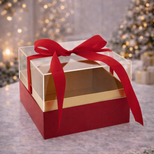 Cutie Cadou Grecească – Roșie cu Capac Transparent și Fundă Satinată