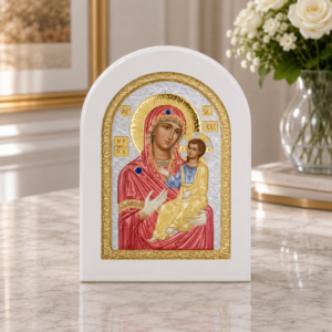 Icoană Grecească Argintată – Maica Domnului Giatrisa (Vindecătoarea) – 10x14 cm