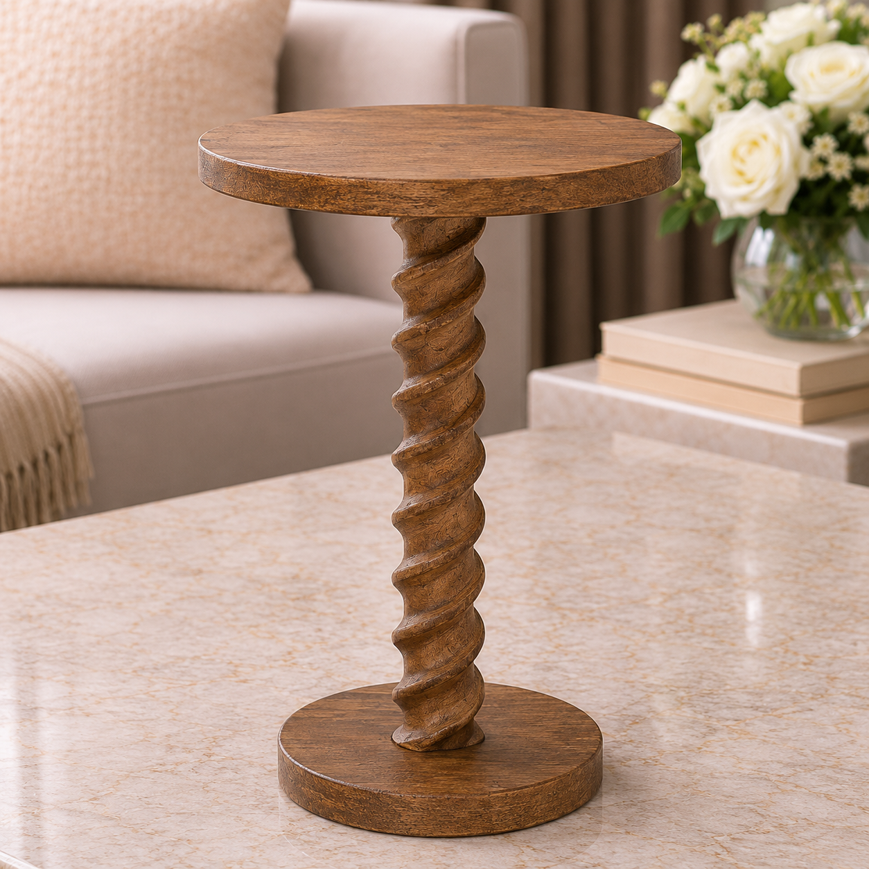 Măsuță Grecească din Lemn cu Picior Spiralat – Design Tradițional și Eleganță Mediteraneană