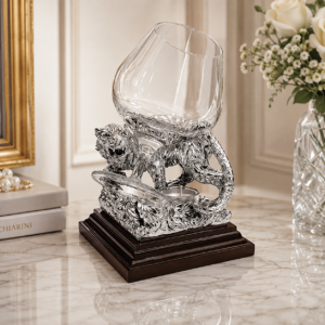 Set Pahar de Cognac Tigru CHINELLI – Suport Sculptural Argintat, Made in Italy