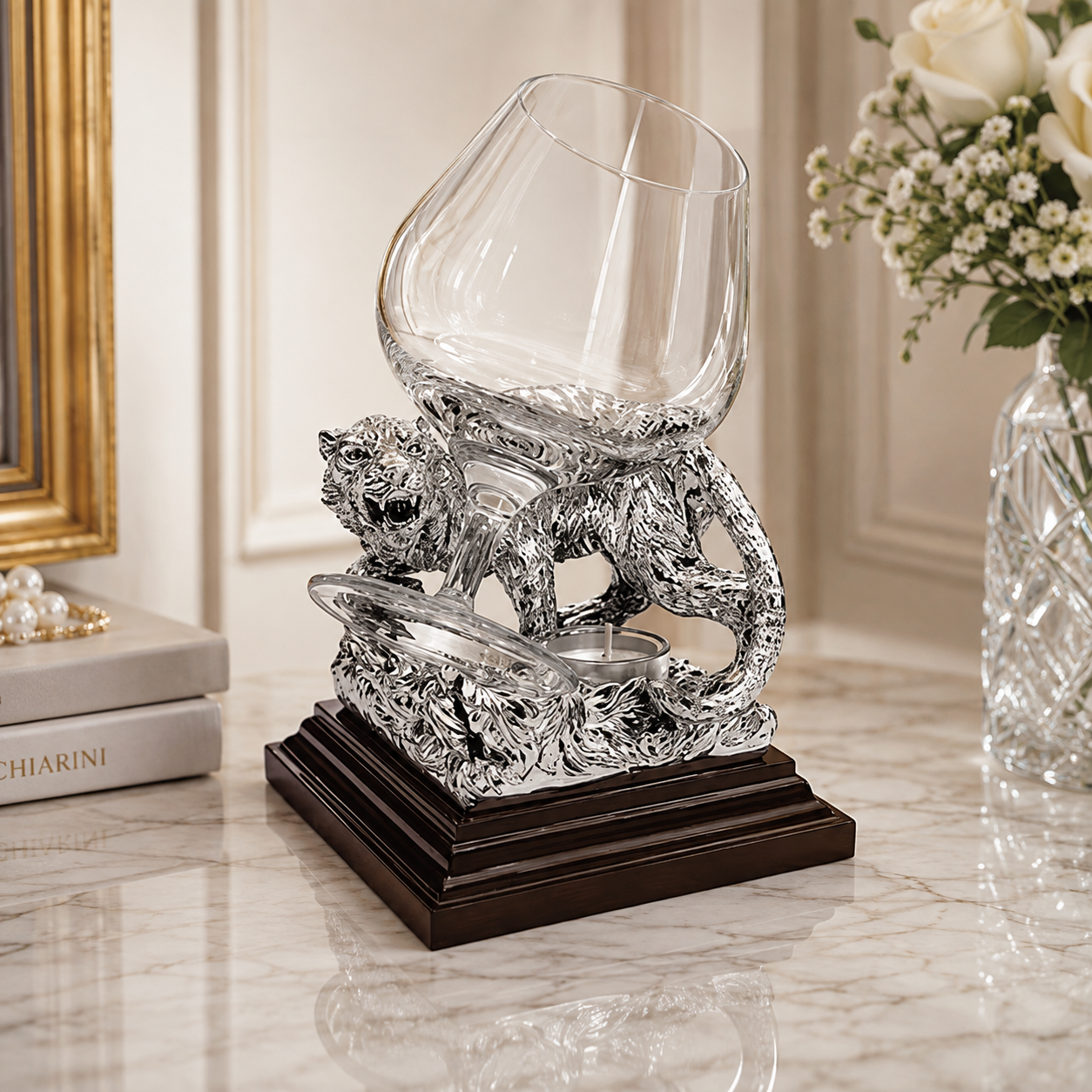 Set Pahar de Cognac Tigru CHINELLI – Suport Sculptural Argintat, Made in Italy