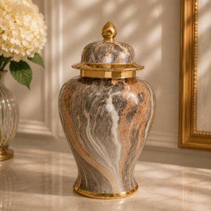 Vază Decorativă Grecească cu Capac – Finisaj Marmorat și Accente Aurii