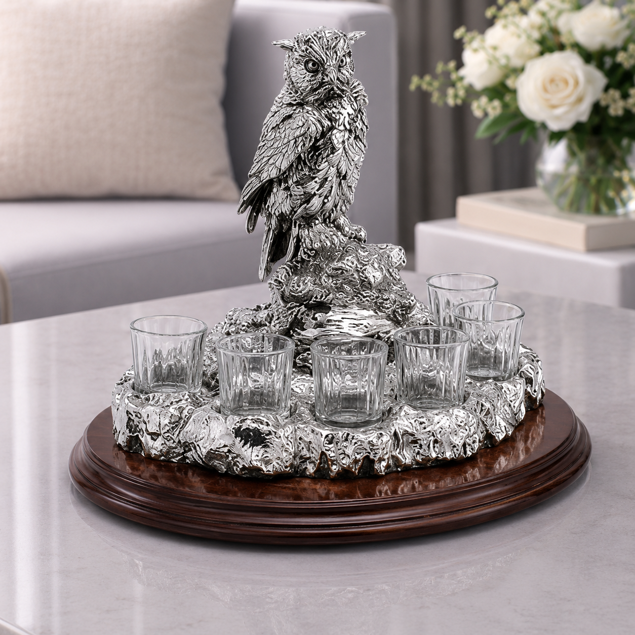 Set de Servire CHINELLI – Bufniță Regală, Plăcat cu Argint, Made in Italy
