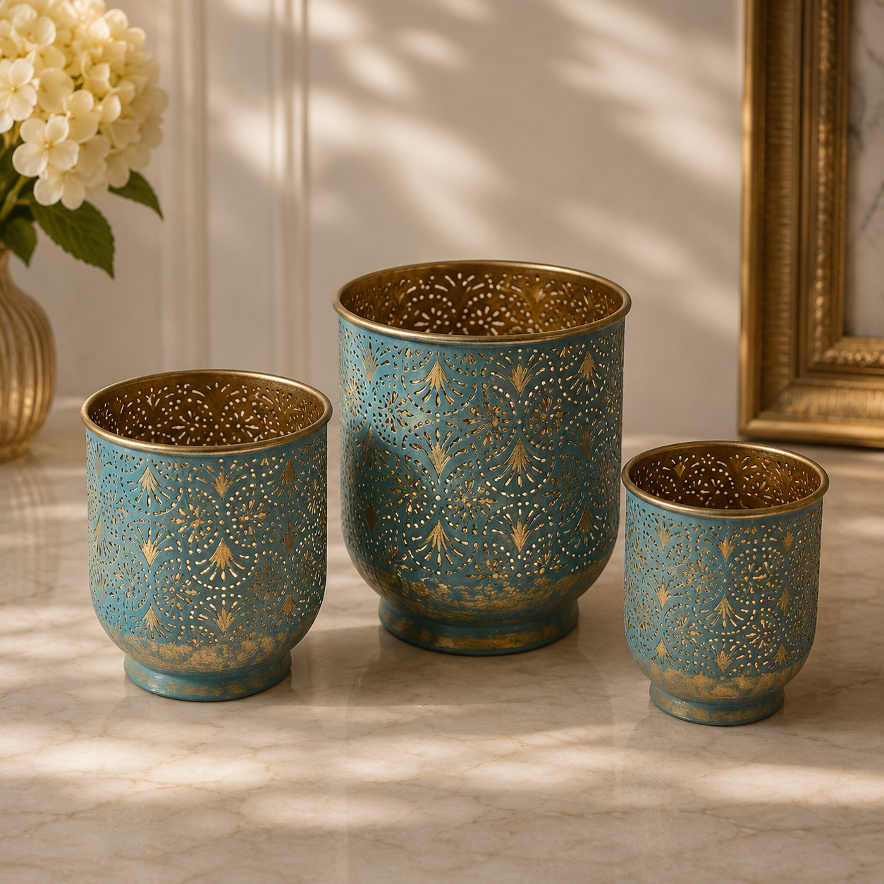 Set 3 Suporturi Metalice Decorative – Turcoaz & Auriu Oriental