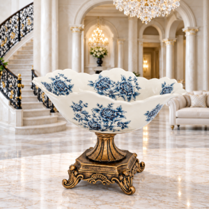 Bol Decorativ din Ceramică cu Picior Aurit – Model Floral Vintage