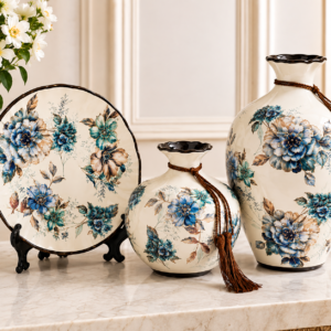 Set decorativ ceramic – 2 vaze , 1 platou cu flori albastre pictate manual