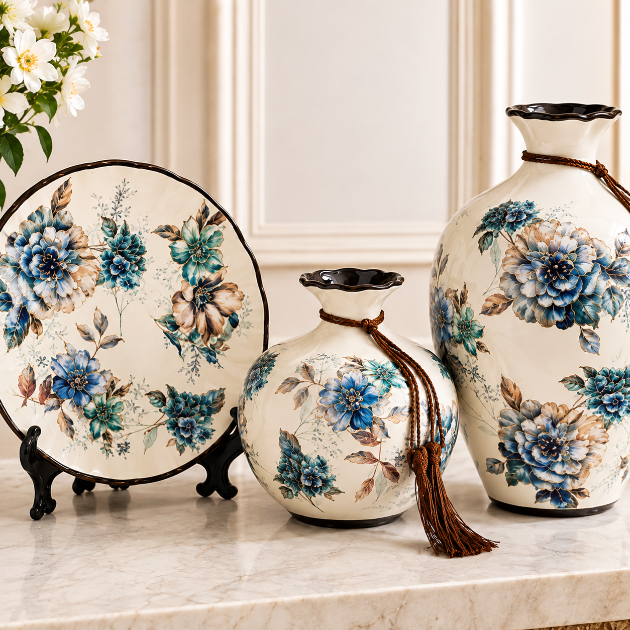 Set decorativ ceramic – 2 vaze , 1 platou cu flori albastre pictate manual