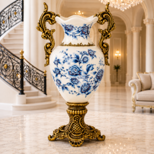 VAZĂ DECORATIVĂ DIN POLIREȘINĂ CU MOTIV FLORAL ȘI MÂNERE AURITE