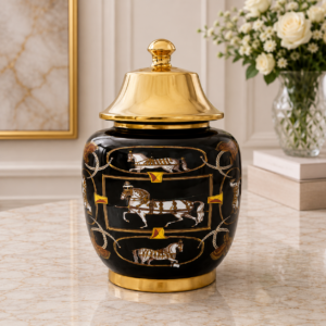 Vază decorativă cu capac – model imperial cu cai, capac auriu lucios