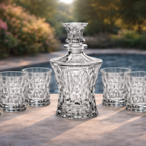 Set whisky din cristal Princess– 1 carafă + 6 pahare, design clasic fațetat