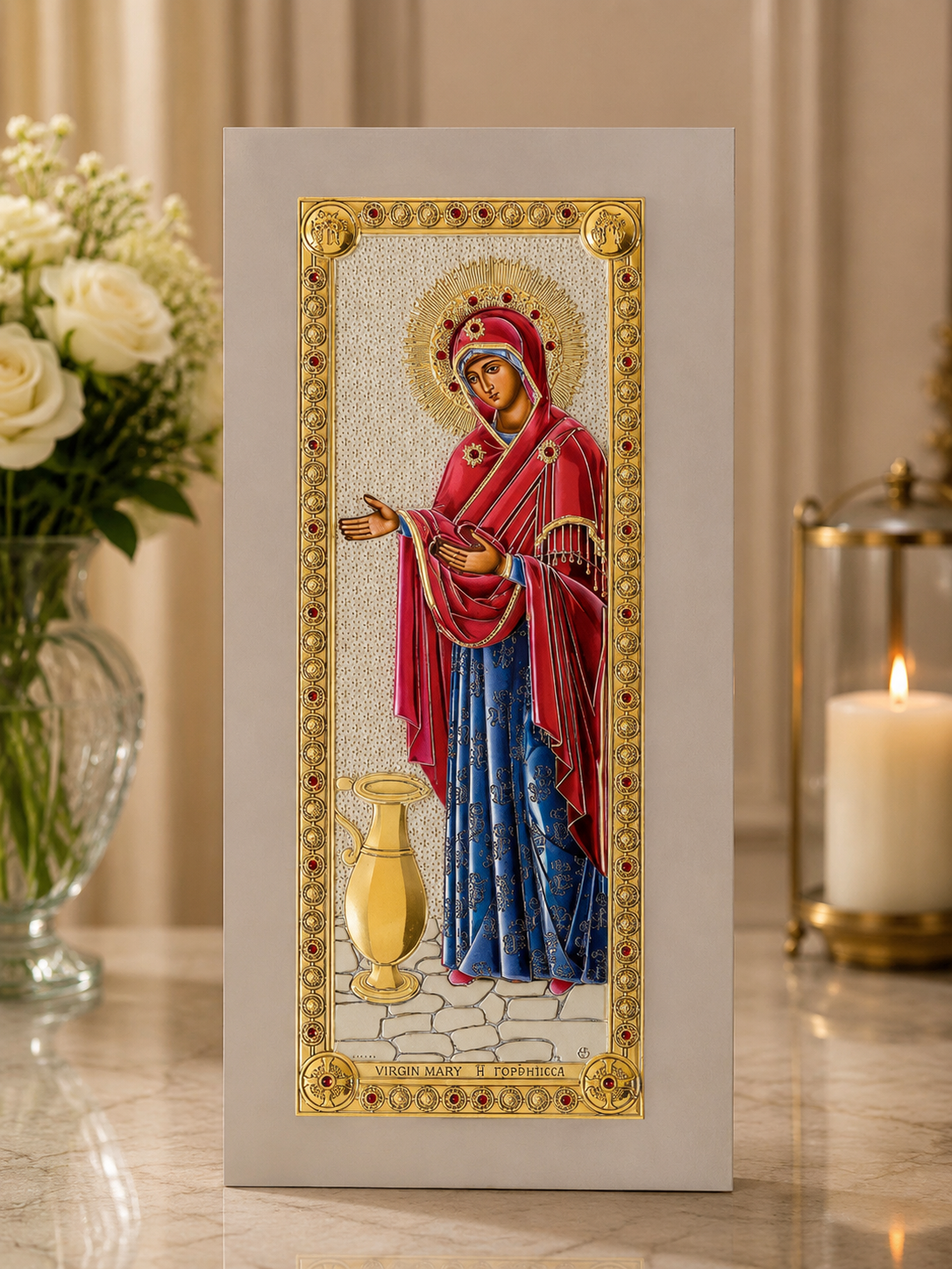 Icoană "Sporul Casei" – Fecioara Maria Hodighitria – Argint 925, 6x12 cm, Ramă Albă