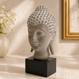Statuetă decorativă – Cap Buddha pe soclu negru