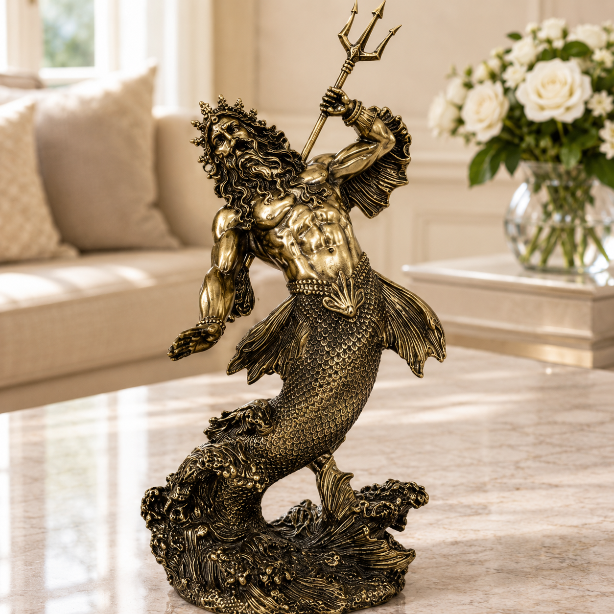 Statuetă decorativă Poseidon – Zeul Mărilor (Finisaj auriu antichizat)