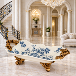 Tavă decorativă vintage din ceramică cu model floral albastru și suport auriu antichizat