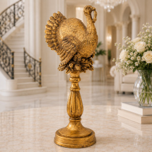 Statuetă decorativă Curcan Aur Antic – pe Suport Elegant