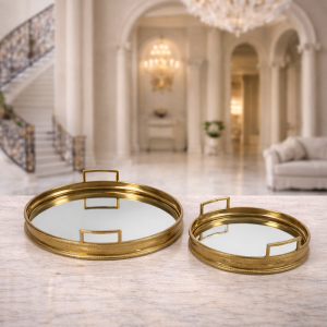 Set 2 tăvi decorative rotunde cu oglindă – auriu vintage