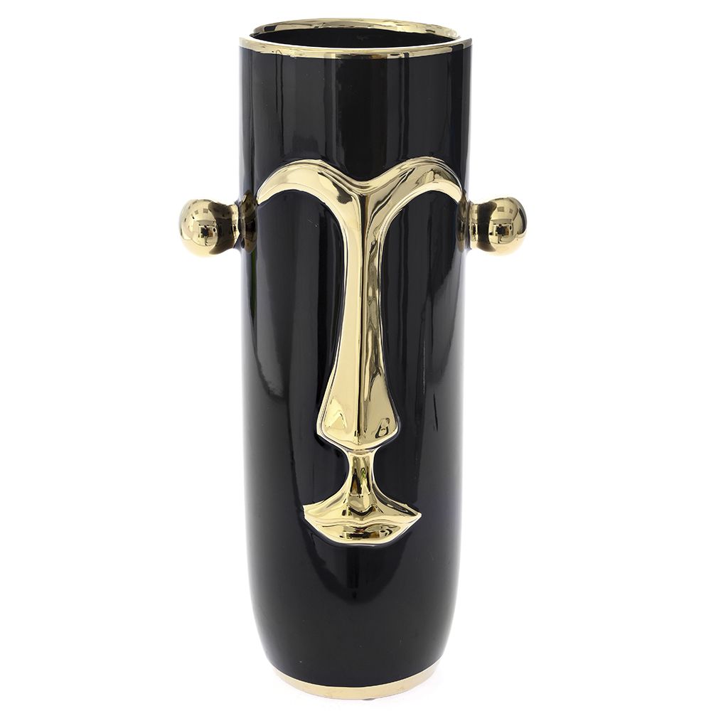 Vază decorativă neagră cu față stilizată aurie – design artistic contemporan