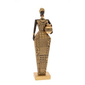 Statuetă decorativă femeie africană cu vas – design etnic negru și auriu