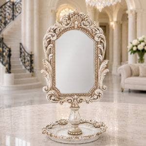 Oglindă decorativă de masă – Stil vintage baroc, finisaj alb antichizat