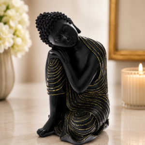 Statuetă decorativă Buddha odihnindu-se – finisaj negru mat cu detalii aurii