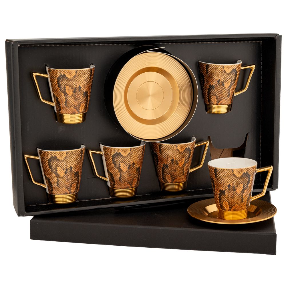 Set 6 Cești Cafea cu Farfurioare – Design Exotic Python & Auriu