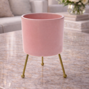 Ghiveci decorativ roz pe suport metalic – design retro-modern cu 3 picioare