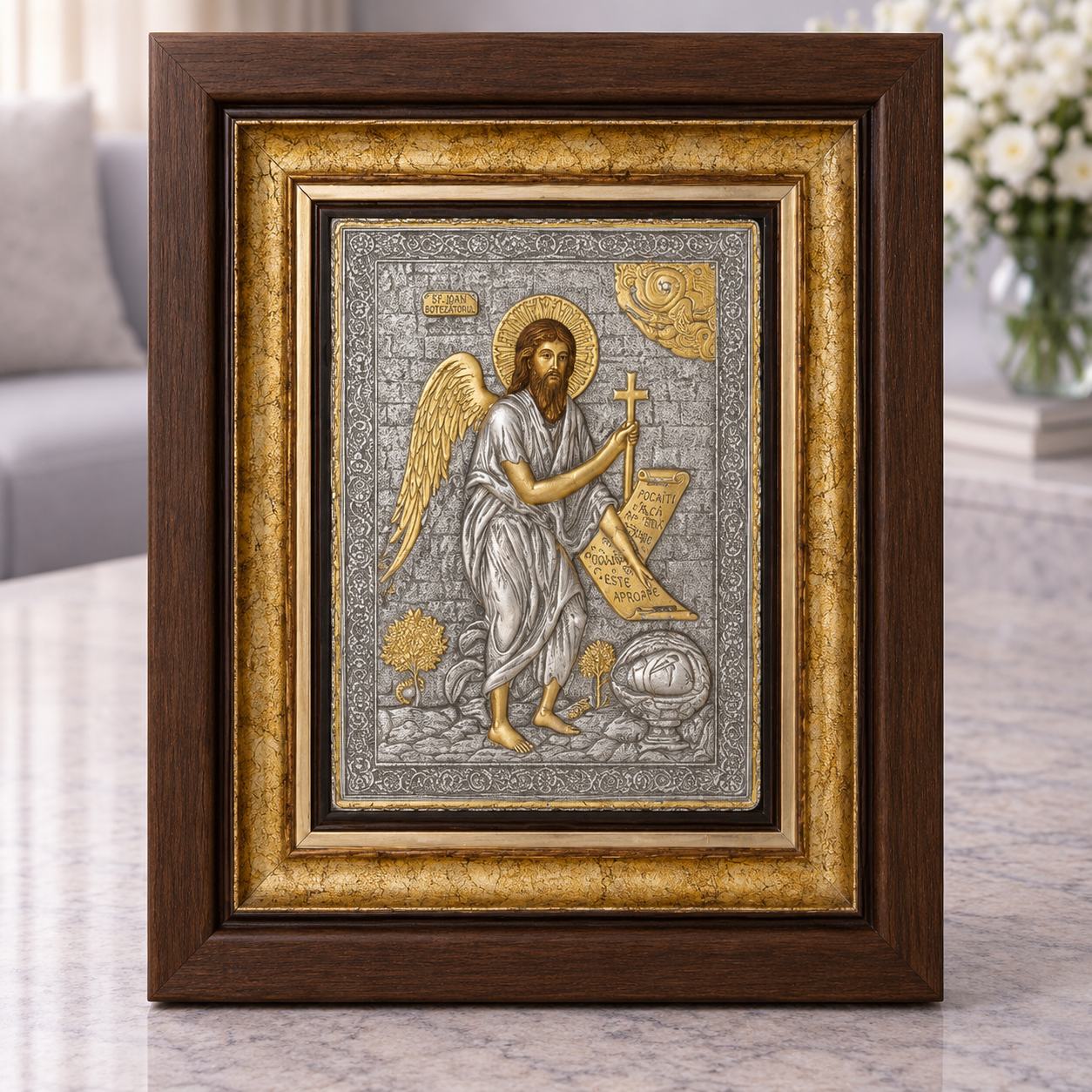 Icoană Sfântul Ioan Botezătorul – Argint 925, 27x32 cm, Ramă de Lux