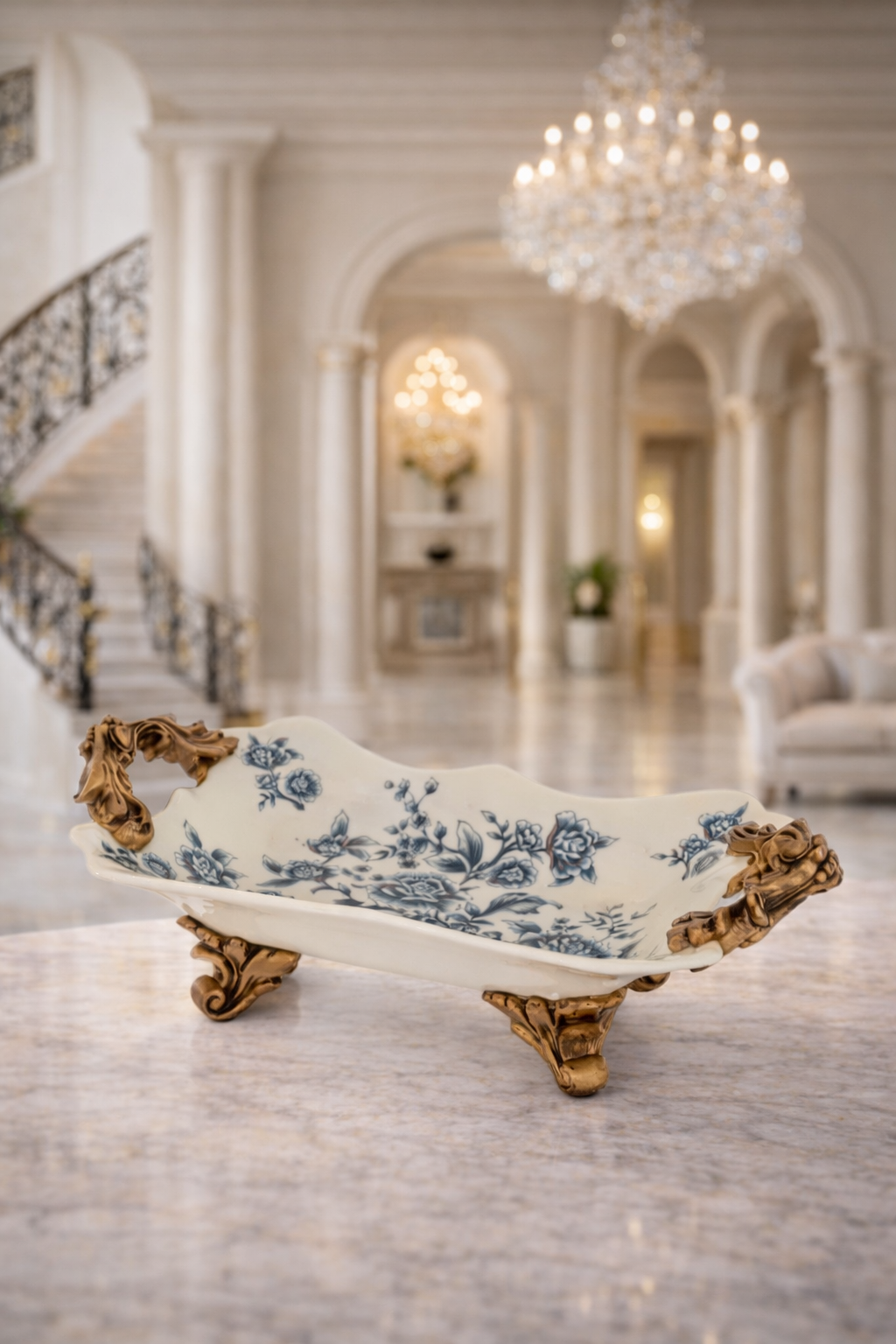 Tavă decorativă vintage din ceramică cu model floral albastru și suport auriu antichizat
