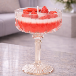 Lumânare decorativă cu aspect de desert, în cupă de cristal cu căpșuni