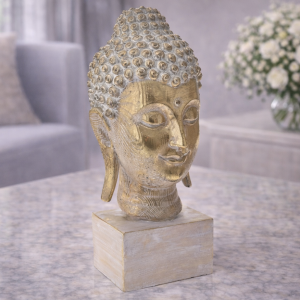 Statuetă decorativă cap Buddha – finisaj auriu antichizat pe soclu din lemn