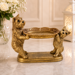 Suport decorativ cu doi căței – tavă ornamentală din rășină, finisaj auriu-antichizat