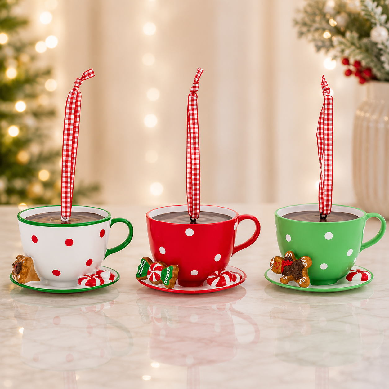 Set Ornamente de Crăciun în formă de cești colorate cu dulciuri