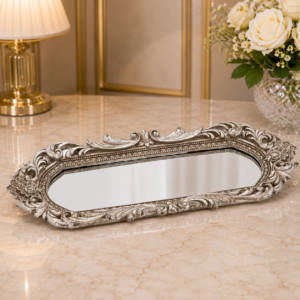 Tavă decorativă oglindă cu ramă baroc argintie – model dreptunghiular ovalizat