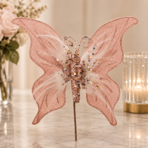 Fluture decorativ roz pudrat cu paiete, pe tijă – model premium