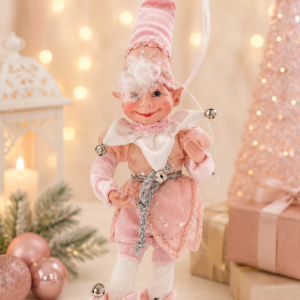 Figurină decorativă elf roz pastel, suspendabilă, cu detalii argintii 30 CM