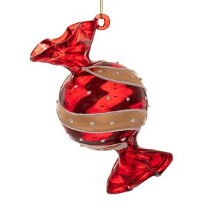 Glob ornament bomboană roșie din sticlă, model spirală