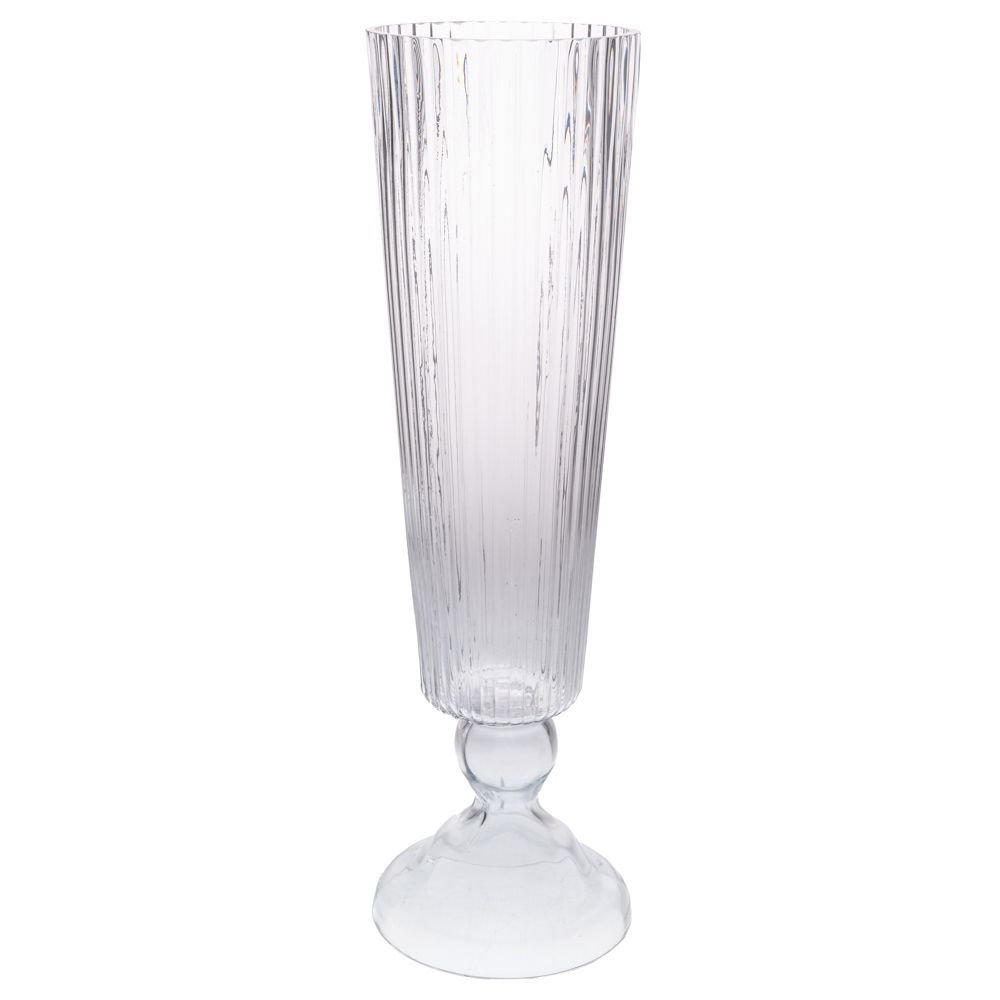 Vază decorativă înaltă din sticlă transparentă – model striat, pe picior