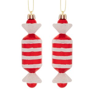 Set 2 globuri decorațiuni bomboană roșu cu alb