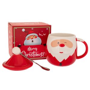 Set cană ceramică Moș Crăciun cu capac și linguriță, în cutie cadou