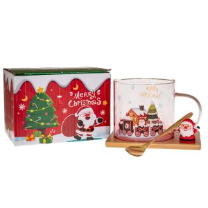 Set cadou cană din sticlă cu suport din lemn și linguriță, model Moș Crăciun