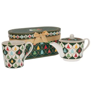 Set cadou ceainic și cană cu design festiv, în cutie decorativă