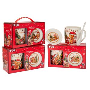 Set cadou cană cu farfurioară și linguriță, model ursuleți de Crăciun, 3 piese