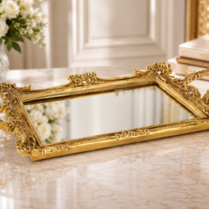 Tavă decorativă oglindă cu ramă baroc aurie și mânere sculptate