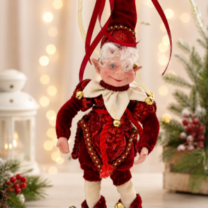 Figurină decorativă elf roșu, suspendabil, cu paiete și clopoței 30 CM