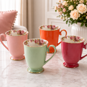 Set de 4 căni din ceramică – Design floral interior, finisaj lucios exterior