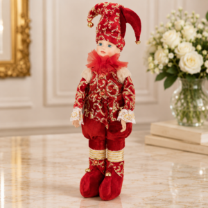 Figurină decorativă elf roșu cu detalii aurii, costum festiv luxos