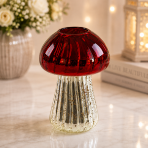 Figurină decorativă din sticlă în formă de ciupercă, roșu-metalic