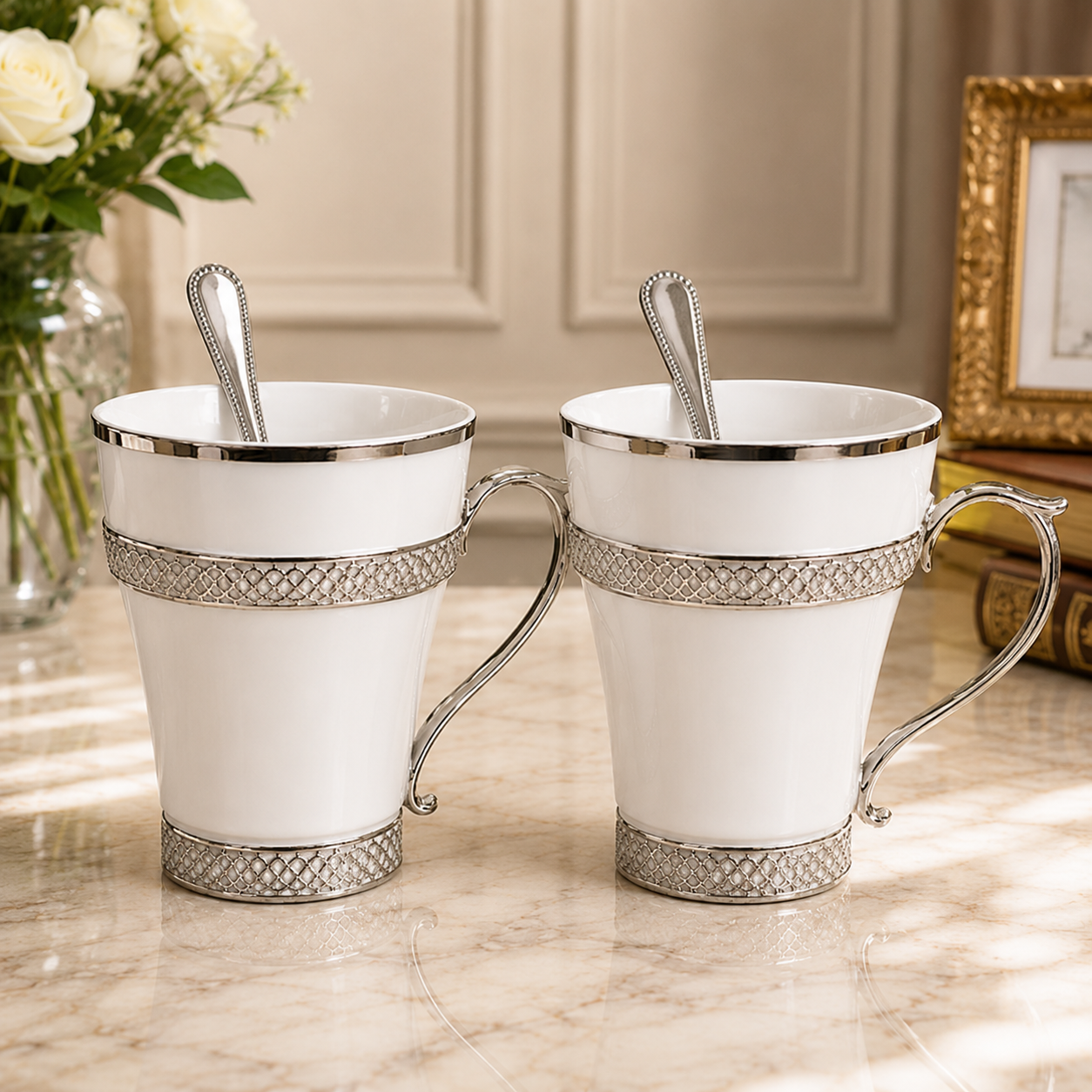 Set cani cafea, ceai cu design luxury, portelan alb