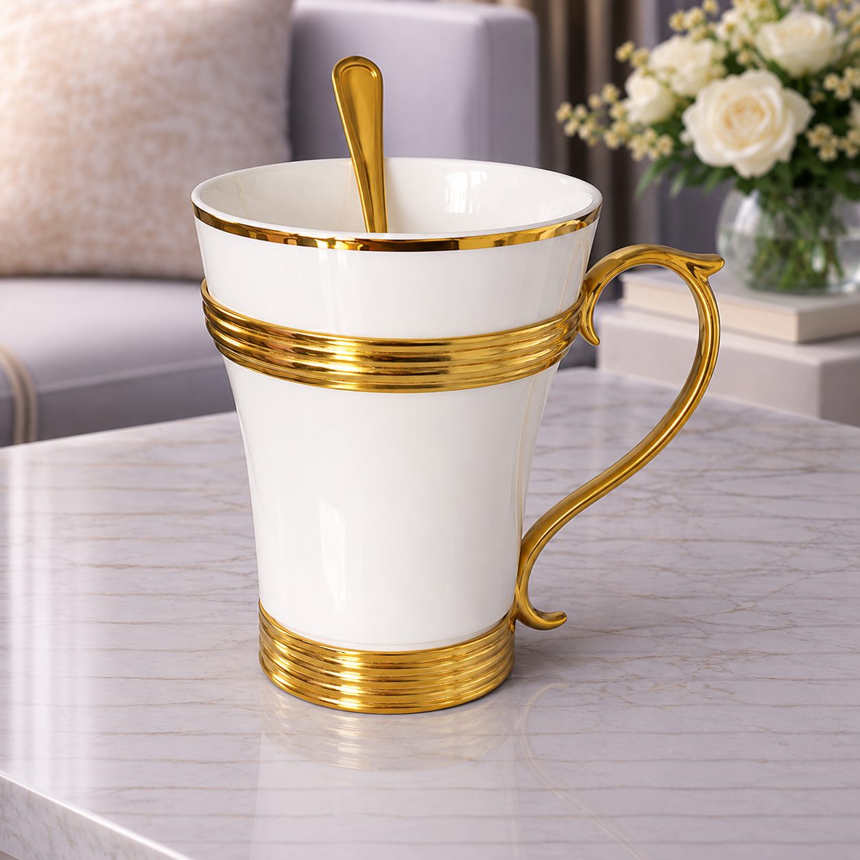 Cana portelan premium alb-auriu cu lingurita