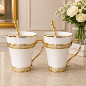 Set cani portelan cu lingurițe aurii, alb, elegant